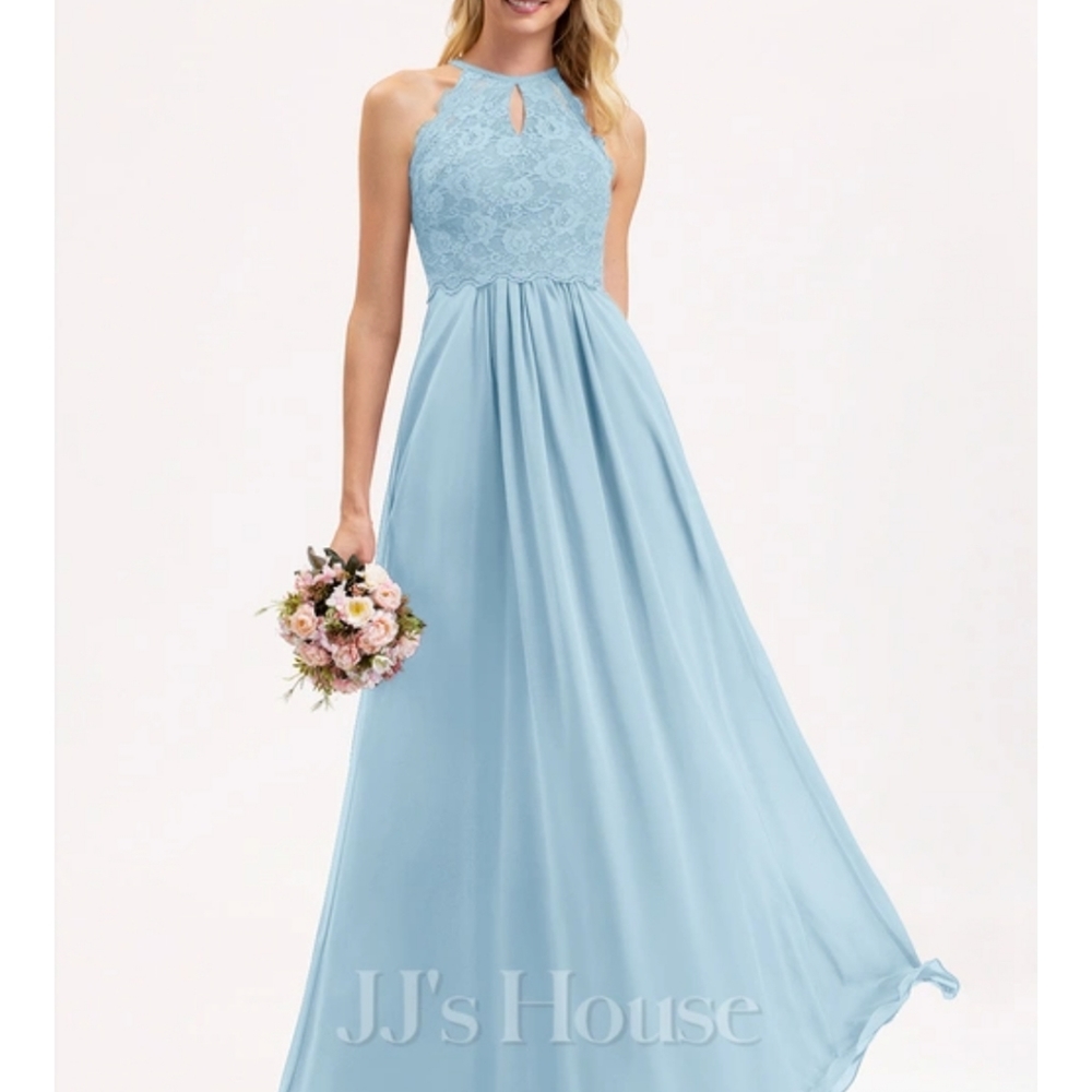 Sky Blue JJ's House A-line Scoop Floor-Length Chiffon Lace Bridesmaid Dress